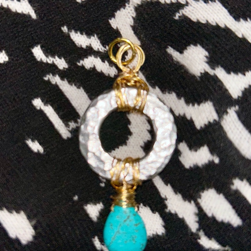 Turquoise pendant with brass and hammered stainless steel for  Necklace